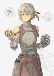 1boy apron blacksmith closed_mouth cowboy_shot forehead_protector gloves gold green_hair grey_sweater hair_between_eyes hammer highres holding looking_at_viewer male_focus martin_(rune_factory) ragu_piyopiyo rock rune_factory rune_factory_5 short_hair simple_background solo speech_bubble standing sweater sword thought_bubble turtleneck turtleneck_sweater weapon white_background yellow_eyes