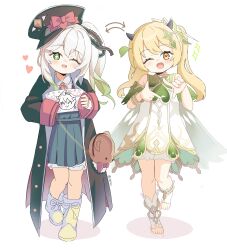2girls absurdres arrow_(symbol) blonde_hair blue_archive boots child child&#039;s_drawing coat cosplay costume_switch crossover finger_frame full_body genshin_impact hat highres holding holding_paper ibuki_(blue_archive) knees looking_at_viewer multiple_girls nahida_(genshin_impact) one_eye_closed open_mouth oversized_clothes paper smile standing toes vieru2n white_hair