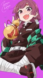 Rule 34 | 1girl, :d, absurdres, artist name, bocchi the rock!, cosplay, demon slayer uniform, fang, gourd, highres, hiroi kikuri, holding, holding gourd, kimetsu no yaiba, kochou shinobu, kochou shinobu (cosplay), looking at viewer, open mouth, purple background, purple eyes, red hair, simple background, sitting, smile, solo, tabi, zetsuyo chimayo