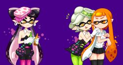 +_+ 3girls alternate_costume black_legwear blush bottle breasts callie_(splatoon) callie_(squid_sisters_outfit)_(splatoon) cousins detached_collar dress earrings female_focus flat_chest food food_on_head gloves green_hair green_legwear hands_on_shoulders inkling inkling_girl inkling_player_character jealous jewelry long_hair marie_(splatoon) marie_(squid_sisters_outfit)_(splatoon) miniskirt mole mole_under_eye monster_girl multiple_girls nintendo object_on_head orange_eyes orange_hair pantyhose pleated_skirt pointy_ears purple_background purple_legwear school_uniform short_hair short_hair_with_long_locks short_jumpsuit siblings sidelocks simple_background sisters skirt splatoon_(series) splatoon_1 standing strapless strapless_dress sushi symbol-shaped_pupils tentacles thick_eyebrows thighhighs twintails unitard upset white_gloves yuri yuta_agc zettai_ryouiki