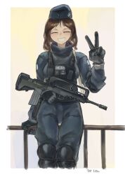 1girl against_railing armor beret black_gloves blue_hat blue_jumpsuit border breastplate breasts brown_hair bulletproof_vest closed_eyes commentary cowboy_shot dated english_commentary gloves grin gun gun_sling hat highres jumpsuit knee_guards medium_breasts medium_hair military_operator original outdoors outside_border painterly railing sketch sky smile solo straight-on taco_xd69 turtleneck turtleneck_jumpsuit twitter_username v weapon weapon_request white_border yellow_sky