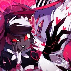 1boy 1girl ama0805 coat colored_skin demon_boy dress fur-trimmed_coat fur_trim hazbin_hotel heart heart-shaped_eyewear pink_coat pink_dress purple_skin red_eyes sharp_teeth teeth twintails valentino_(hazbin_hotel) velvette_(hazbin_hotel)