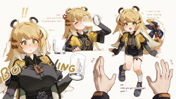 ! !! 1girl 1other alternate_breast_size animal_ears black_shirt black_shorts blush breasts cup drinking english_text flat_chest green_eyes highres holding holding_cup ju_fufu kani_fish large_breasts long_hair long_sleeves mug multiple_views open_mouth parted_lips shirt shorts simple_background tail tiger_ears tiger_girl tiger_tail white_background zenless_zone_zero