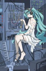 Rule 34 | 1girl, absurdres, aqua eyes, aqua hair, barefoot, breasts, cable, cleavage, dress, electric panel, hatsune miku, highres, instrument, keyboard (instrument), long hair, looking at viewer, nail polish, no bra, sitting, sleeveless, sleeveless dress, small breasts, solo, strap slip, toenail polish, toenails, truffleduster, twintails, very long hair, vocaloid, white dress