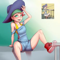 1girl absurdres adjusting_clothes adjusting_headwear amanda_o&#039;neill arm_support blush female_focus green_eyes groin_tendon hat highres little_witch_academia looking_at_viewer overalls photo_inset pink_hair pudgeruffian reference_inset shoes smile sneakers solo sports_bra spread_legs strap_slip thighs witch_hat