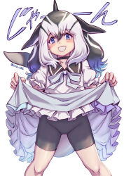 1girl ballet_slippers bike_shorts_under_skirt blowhole blue_eyes blue_hair blush bow bowtie cetacean_tail clothes_lift dolphin_girl dorsal_fin dress dress_lift fins fish_tail footwear_ribbon frilled_dress frilled_sleeves frills full_body grey_bow grey_bowtie grey_dress grey_hair grey_shoes hair_between_eyes head_fins highres kemono_friends kemono_friends_3 kosai_takayuki long_hair looking_at_viewer multicolored_hair multicolored_shoes pacific_white-sided_dolphin_(kemono_friends) pantyhose puffy_short_sleeves puffy_sleeves sailor_collar sailor_shirt shirt shoes short_sleeves shorts sidelocks solo tail two-tone_dress two-tone_shoes white_dress white_hair white_pantyhose white_shorts