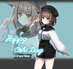 1girl absurdres animal_ears beret black_hat black_sailor_collar black_shorts black_undershirt blue_eyes blue_hair blue_necktie brooch brown_hair cat_ears cat_girl cats_in_abox closed_mouth colored_inner_hair commentary cowboy_shot cropped_shirt english_commentary english_text from_side green_eyes hand_up hat heterochromia highres indie_virtual_youtuber jewelry light_blush long_sleeves looking_at_viewer michiyo_mao multicolored_hair necktie octagram pixel_art_inset puffy_long_sleeves puffy_sleeves sailor_collar school_uniform serafuku short_hair shorts smile solo star_brooch swept_bangs virtual_youtuber w white_serafuku zoom_layer