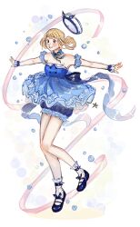 1girl absurdres back_bow bare_legs bare_shoulders beret blonde_hair bloomers blue_bloomers blue_bow blue_bowtie blue_choker blue_dress blue_shoes blue_sleeves blue_wrist_cuffs bow bow_choker bowtie brown_eyes bubble bubbly_voyage_(infinity_nikki) buttons choker collared_dress commentary detached_sleeves dress english_commentary floating_clothes floating_hair footwear_bow frilled_choker frilled_sleeves frilled_socks frilled_wrist_cuffs frills full_body grin hair_ornament hair_rings hairclip happy hat hat_bow hat_loss hat_ornament highres infinity_nikki kananoa_rv leg_up light_blush looking_ahead mary_janes nikki_(series) outstretched_arms pink_ribbon rabbit_hair_ornament ribbon shadow shoes short_hair short_sleeves smile socks solo standing star_(symbol) star_hat_ornament strapless strapless_dress striped_bow tareme underwear white_background white_hat white_socks wrist_cuffs
