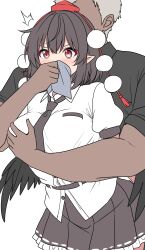 1boy 1girl absurdres bird_wings black_necktie black_shirt black_skirt black_wings blush chloroform collared_shirt commentary commission dark-skinned_male dark_skin grabbing_another&#039;s_breast groping hat highres medium_hair necktie pleated_skirt pointy_ears pom_pom_(clothes) puffy_short_sleeves puffy_sleeves red_eyes red_hat ribbon-trimmed_skirt ribbon_trim rise_(rise19851203) shameimaru_aya shirt short_hair short_sleeves skeb_commission skirt tokin_hat touhou white_shirt wings