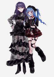 Rule 34 | 2girls, absurdres, alternate costume, amemiya darumi, black boots, black bra, black hair, blue hair, blush, boots, bra, collar, dress, ear piercing, earrings, face piercing, fishnets, frilled dress, frills, glasses, grey dress, hands on own hips, highres, holding another&#039;s arm, jewelry, lip piercing, long dress, long hair, looking at viewer, makeup, multicolored hair, multiple girls, piercing, pink eyes, purple hair, red collar, red eyes, red skirt, runny makeup, see-through clothes, see-through dress, shizuhara hiruko, skirt, spiked collar, spikes, the hundred line -last defense academy-, twintails, underwear, yuri