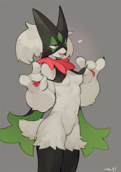 1girl ass bebebe body_fur breast_curtains breasts flashing furry furry_female heart highres meowscarada midriff navel nintendo nipples open_mouth pawpads pokemon pokemon_(creature) pussy red_eyes sanpaku seductive_smile slit_pupils small_breasts smile tail thighhighs white_fur wide_hips
