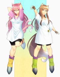 Rule 34 | 2girls, animal ears, bad id, bad twitter id, baggy pants, bike shorts, black gloves, blazblue, blunt bangs, boots, breasts, candy, cat ears, cat girl, cat tail, commission, cosplay, crossover, dragon ball, dragonball z, fingerless gloves, food, glasses, gloves, hands in hair, holo, houjoh (7th-heaven), kokonoe (blazblue), lollipop, long hair, loose socks, multiple girls, multiple tails, oversized clothes, pants, pince-nez, pink hair, purple legwear, red eyes, rimless eyewear, shirt, sidelocks, small breasts, smile, socks, spice and wolf, t-shirt, tail, tank top, videl, videl (cosplay), wolf ears, wolf girl, wolf tail, yellow eyes