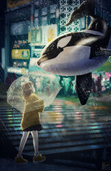 1girl absurdres birming city city_lights concept_art crosswalk fantasy floating highres holding holding_umbrella hood hoodie looking_at_animal night orca original pleated_skirt rain signature skirt transparent transparent_umbrella umbrella whale