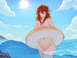 1girl beach blanca:_a_broke_girl_in_the_slums blanca_(blanca) blue_eyes breasts cleft_of_venus completely_nude duskcraft innertube long_hair navel nipples nude nudist ocean public_indecency pussy red_hair skinny_dipping small_breasts smile solo swim_ring wading water