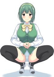 1girl black_thighhighs blush bow bowtie breasts brown_eyes closed_mouth collared_shirt full_body green_hair green_vest hairband highres idolmaster idolmaster_(classic) long_sleeves looking_at_viewer mole mole_under_mouth no_pants otonashi_kotori own_hands_together panties perapera sandals shirt short_hair simple_background solo spread_legs squatting thighhighs tiptoes underwear vest white_background white_panties white_sandals white_shirt yellow_bow yellow_bowtie yellow_hairband