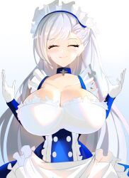1girl apron azur_lane bare_shoulders belfast_(azur_lane) blush braid breasts broken broken_chain chain cleavage closed_eyes collarbone corset dress frilled_gloves frills gloves gradient_background grey_background half_up_braid highres huge_breasts kuriyafu long_hair looking_at_viewer maid maid_apron maid_headdress smile solo white_gloves white_hair