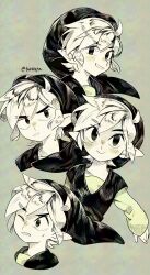 1boy black_hat black_tunic blue_eyes closed_mouth furrowed_brow grey_background greyscale hair_between_eyes hat highres link long_sleeves male_focus monochrome multiple_views nintendo one_eye_closed parted_lips pointy_ears short_hair sidelocks smile solo sweatdrop the_legend_of_zelda the_legend_of_zelda:_the_wind_waker tokuura tunic twitter_username upper_body