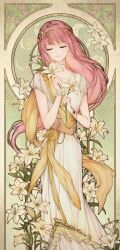 1girl artist_request blunt_bangs bracelet card_(medium) chinese_commentary closed_eyes commentary_request dot_nose feet_out_of_frame flower gold_bracelet greco-roman_clothes green_background happy highres holding holding_flower jewelry laurel_crown lily_(flower) long_hair nikki_(nikki) nikki_(series) parted_lips pink_hair ribbon rose second-party_source shawl short_sleeves smile solo standing toga very_long_hair waist_ribbon white_flower yellow_flower yellow_ribbon yellow_rose yellow_shawl