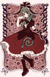 1girl arm_ribbon black_boots black_ribbon boots closed_mouth commentary dress frilled_dress frills front_ponytail full_body green_eyes green_hair hair_ribbon hand_up highres kagiyama_hina long_hair looking_at_viewer mozukuzu_(manukedori) red_dress ribbon short_sleeves smile solo standing standing_on_one_leg touhou twitter_username