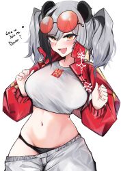 1girl :d absurdres animal_ears arknights black_hair black_panties blush breasts commentary cowboy_shot crop_top cropped_jacket cropped_shirt english_commentary eyewear_on_head fang feater_(arknights) grey_hair grey_shirt groin hands_up heart high_collar highres jacket long_sleeves looking_at_viewer medium_breasts multicolored_hair navel open_clothes open_jacket open_mouth panties radish_(daikonchamma) red-tinted_eyewear red_jacket round_eyewear shirt short_hair simple_background skin_fang smile solo standing stomach streaked_hair t-shirt tinted_eyewear underwear white_background yellow_eyes