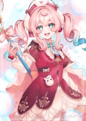 1girl absurdres aqua_bow aqua_bowtie aqua_eyes aqua_hair blush bow bowtie breasts dress drill_hair gradient_hair hair_ornament hat highres honkai:_star_rail honkai_(series) hyacine_(honkai:_star_rail) long_hair long_sleeves looking_at_viewer multicolored_hair open_mouth pink_hair pochimaru_(marumaru_wanwan) red_dress red_hat small_breasts solo twin_drills twintails two-tone_hair