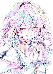 1girl artist_name black_choker blush bra_strap buttons choker clenched_teeth closed_eyes commentary earrings hair_intakes honkai:_star_rail honkai_(series) jacket jewelry march_7th_(honkai:_star_rail) march_7th_(preservation)_(honkai:_star_rail) medium_hair off-shoulder_jacket off_shoulder pink_hair pink_jacket shirt single_earring smile solo teeth touka_(pixiv71609120) white_background white_shirt