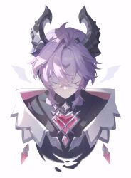 Rule 34 | 1boy, black coat, black horns, chest jewel, cleavage cutout, clothing cutout, coat, collar, colored eyelashes, cropped torso, crossed bangs, crystal, detached wings, dragon horns, dragon wings, facial mark, facing down, forehead mark, gem, genshin impact, hair between eyes, haru same322, heart-shaped gem, highres, horns, male focus, mini durin (genshin impact), mini durin (human) (genshin impact), no mouth, pink gemstone, purple hair, solo, white background, white collar, white wings, wing ornament, wings