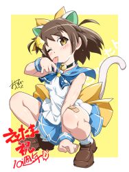 1girl animal_ears anniversary bandaid bandaid_on_knee bandaid_on_leg bare_shoulders bell blue_sailor_collar blue_skirt brown_hair brown_shoes cat_ears cat_girl cat_tail character_name commentary_request etotama full_body hair_ornament highres licking licking_hand looking_at_viewer neck_bell nyaa-tan one_eye_closed oshinobi_shinobu rectangle sailor_collar shirt shoes short_hair signature simple_background skirt sleeveless sleeveless_shirt socks solo squatting star_(symbol) star_hair_ornament tail tongue tongue_out two-tone_background white_shirt white_socks yellow_eyes