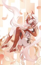 Rule 34 | 1girl, absurdres, birthday, commentary request, diamond-shaped pupils, diamond (shape), feathers, fu hua, fu hua (garuda), full body, highres, honkai (series), honkai impact 3rd, knees up, kubikori, long hair, low twintails, multicolored hair, red eyes, red hair, red shoes, red thighhighs, shoes, single thighhigh, solo, streaked hair, symbol-shaped pupils, thighhighs, twintails, two-tone hair, very long hair, white hair
