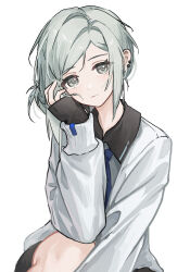 1girl absurdres alternate_costume blue_necktie closed_mouth elbow_on_knee grey_eyes grey_hair hair_bun hand_on_own_cheek hand_on_own_face hand_up highres jacket knee_up looking_at_viewer necktie reverse:1999 short_hair single_side_bun sleeves_past_wrists solo upper_body vertin_(reverse:1999) white_background white_jacket yukiri_(l_ii)