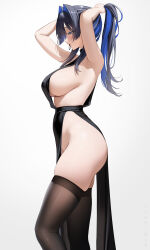 1girl absurdres alternate_costume armpit_crease arms_up bare_arms black_hair black_thighhighs blue_eyes blue_hair breasts colored_inner_hair commentary_request dress from_side hair_intakes hair_tie hair_tie_in_mouth highres hololive hololive_english large_breasts long_hair lyusiola mouth_hold multicolored_hair no_bra no_panties ouro_kronii ponytail revealing_clothes sideboob sideless_dress sidelocks simple_background sleeveless sleeveless_dress solo thighhighs thighs tying_hair underwear virtual_youtuber white_background