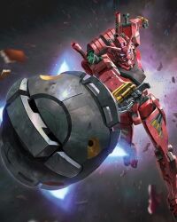 artist_request battle chain debris exposed_internal_machinery extra_eyes gundam gundam_gquuuuuux machinery mecha mecha_focus mobile_suit motion_blur no_humans realistic red_gundam robot science_fiction space thrusters v-fin zeon