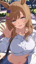 1girl 96dai_0313 absurdres alternate_hairstyle animal_ears black_bag blue_bow blue_skirt blurry blurry_background bow breasts brown_hair commentary_request hair_bow highres horse_ears horse_girl looking_at_viewer medium_breasts medium_hair midriff navel open_mouth outdoors pink_bow shirt skirt smart_falcon_(umamusume) smile solo umamusume white_shirt yellow_bow yellow_eyes