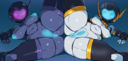 Rule 34 | 2girls, 30 minutes missions, anus, blue anus, blue nipples, blue pussy, breasts, colored nipples, colored pussy, exm-h15d acerby type d, exm-h15e acerby type e, helmet, lying, medium breasts, multiple girls, one leg raised, pochincoff, presenting, pussy, robot girl, spread legs