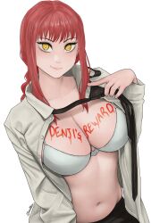 Rule 34 | 1girl, absurdres, black necktie, black pants, body writing, bra, braid, braided ponytail, breasts, chainsaw man, collared shirt, dismaiden, english text, highres, large breasts, long hair, looking at viewer, makima (chainsaw man), navel, necktie, office lady, pants, red hair, ringed eyes, shirt, solo, underwear, white background, white bra, white shirt, yellow eyes