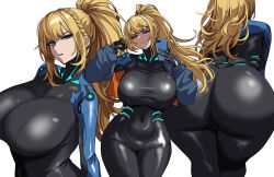 1girl ass ass_focus bent_over black_bodysuit blonde_hair blue_eyes bodysuit braid breasts covered_navel dungeon_and_fighter fellatio female_gunner_(dungeon_and_fighter) hella_p holding holding_phone huge_breasts long_hair long_sleeves looking_at_viewer multiple_views oral parted_lips phone ponytail simple_background tight_clothes white_background