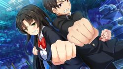 1boy 1girl araya_kazuki black_hair black_jacket black_pants bow bowtie breasts clenched_hands emphasis_lines green_eyes jacket large_breasts long_hair long_sleeves looking_at_viewer moe!_ninja_girls official_art pants parted_bangs red_bow red_bowtie saion-ji_enju school_uniform second-party_source shirt short_hair sidelocks straight_hair teeth very_long_hair white_shirt