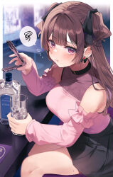 1girl alcohol bare_shoulders black_ribbon black_skirt blush breasts brown_hair closed_mouth commentary_request cup detached_sleeves ear_piercing hair_ornament hair_ribbon highres holding holding_cup holding_tongs ice large_breasts long_hair long_sleeves mole mole_on_thigh monoto nail_polish original piercing pink_shirt pink_sleeves pleated_skirt pouty_lips purple_eyes purple_nails ribbon shirt shirt_tucked_in sitting skirt solo thighs tongs vodka