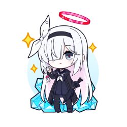 black_choker black_coat black_eyes black_hairband black_pantyhose black_sailor_collar black_serafuku blue_archive blush braid chibi chibi_only choker coat colored_inner_hair commentary_request hair_over_one_eye hairband halo long_hair looking_at_viewer multicolored_hair neckerchief pantyhose pink_hair plana_(blue_archive) pyroxene_(blue_archive) red_halo red_pupils ribbon sailor_collar school_uniform serafuku single_braid sparkle tsukimihana umbrella_gun white_choker white_hair white_neckerchief white_ribbon