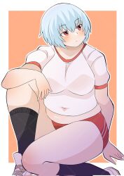 1girl alternate_body_size alternate_breast_size ayanami_rei big_belly black_socks blue_hair breasts buruma fat fat_woman highres large_breasts midriff_peek navel neon_genesis_evangelion orange_background plump red_buruma red_eyes shoes short_hair_with_long_locks simple_background sneakers socks solo thighs toyishiki_shizuoka weight_gain