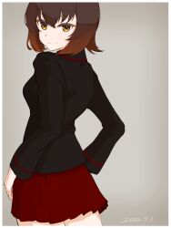 Rule 34 | 1girl, absurdres, black jacket, brown eyes, brown hair, closed mouth, commentary, cowboy shot, dated, from side, girls und panzer, grey background, highres, jacket, kuromorimine military uniform, long sleeves, looking at viewer, looking back, military uniform, miniskirt, nishizumi maho, oritako, pleated skirt, red skirt, short hair, skirt, smile, solo, standing, textless version