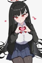 1girl black_hair black_pantyhose blue_archive blush hair_ornament hairclip halo heart heart_hands highres io9 long_hair looking_at_viewer open_mouth pantyhose pleated_skirt red_eyes ringed_eyes rio_(blue_archive) school_uniform simple_background skirt solo sweatdrop very_long_hair white_background