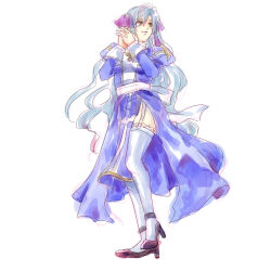 1girl alternate_color black_shoes blue_dress blue_hair bow commentary_request dress full_body garter_straps hair_bow high_heels high_priest_(ragnarok_online) interlocked_fingers juliet_sleeves long_hair long_sleeves looking_afar open_mouth orange_eyes own_hands_together puffy_sleeves purple_bow ragnarok_online sash shoes simple_background smile solo thighhighs two-tone_dress very_long_hair white_background white_dress white_sash white_thighhighs yukimushi