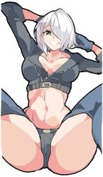 1girl angel_(kof) backless_pants blue_eyes bra breasts chaps cleavage crop_top cropped_jacket enpe fingerless_gloves gloves hair_over_one_eye highres jacket large_breasts leather leather_jacket looking_at_viewer midriff navel panties pants short_hair simple_background smile snk solo spread_legs strapless strapless_bra the_king_of_fighters the_king_of_fighters_xiv toned toned_female underwear white_background white_hair