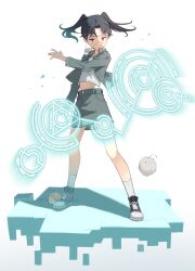 1girl abiko_yuuji amasawa_yuuko ankle_socks antennae artist_name black_hair black_shoes buttons closed_mouth collared_jacket commentary_request creature creature_on_shoulder curtained_hair denim denim_skirt dennou_coil english_text fluffy full_body glowing glowing_eye goggles green_jacket green_skirt grey_eyes highres jacket long_sleeves looking_at_viewer midriff mojo_(dennou_coil) navel on_shoulder open_clothes open_jacket parted_bangs partial_commentary pencil_skirt red_eyes serious shadow shirt shoelaces shoes short_hair simple_background skirt sneakers socks solo standing twintails twitter_username unbuttoned white_background white_shirt white_socks