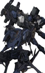 Rule 34 | armored core, armored core vi: fires of rubicon, cowboy shot, green eyes, highres, mecha, mecha focus, missile pod, mznomono, no humans, reverse-jointed legs, robot, science fiction, simple background, standing, steel haze, steel haze ortus, weapon, weapon on back, white background