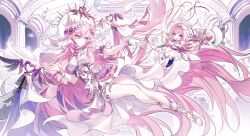 2girls absurdres asymmetrical_legwear bell black_boots boots breasts chinese_commentary commentary_request commission diamond-shaped_pupils diamond_(shape) dress elf_elysia elysia_(herrscher_of_human:_ego)_(honkai_impact) elysia_(honkai_impact) halo highres holding holding_staff honkai_(series) honkai_impact_3rd large_breasts laurel_crown long_hair multiple_girls pink_hair purple_eyes sandals seven60755660 smile staff symbol-shaped_pupils toes very_long_hair white_boots white_dress
