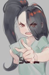 1girl absurdres black_hair blue_shirt copyright_request eyes_visible_through_hair fingerprint flying_sweatdrops grey_background hand_on_own_hip highres looking_at_viewer one_side_up open_mouth polilla red_eyes sharp_teeth shirt shorts_lift simple_background solo teeth upper_body