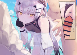 1boy 1girl absurdres adapted_costume anus ass bare_shoulders beach bent_over beret bikini black_bikini black_gloves blue_sky blush breasts censored closed_mouth clothed_female_nude_male daisi_gi detached_sleeves dress erection fate/grand_order fate_(series) forked_eyebrows fujimaru_ritsuka_(male) gloves hat hetero highres imminent_penetration imminent_vaginal just_the_tip leaning_forward long_hair looking_at_viewer melusine_(exhibition_attire)_(fate) melusine_(fate) multiple_views nude off_shoulder penis pussy shore short_dress sidelocks sky small_breasts swimsuit thighs twintails wet white_dress white_hair white_hat yellow_eyes