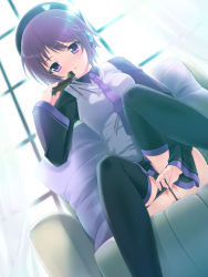 1girl bad_id bad_pixiv_id beret binzoko_megane_(san-inch) blush censored convenient_censoring covering_crotch covering_privates female_focus food hat headphones highres necktie no_panties panties panty_pull partially_visible_vulva pocky purple_eyes purple_hair purple_necktie pussy short_hair sitting skirt solo thighhighs underwear utane_uta utau yumeno_mikan zettai_ryouiki